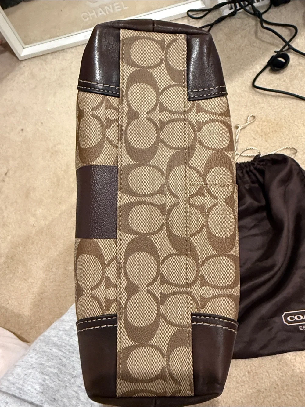 COACH Brown Signature Canvas Tote with Red Logo Accent - Picture 4 of 8